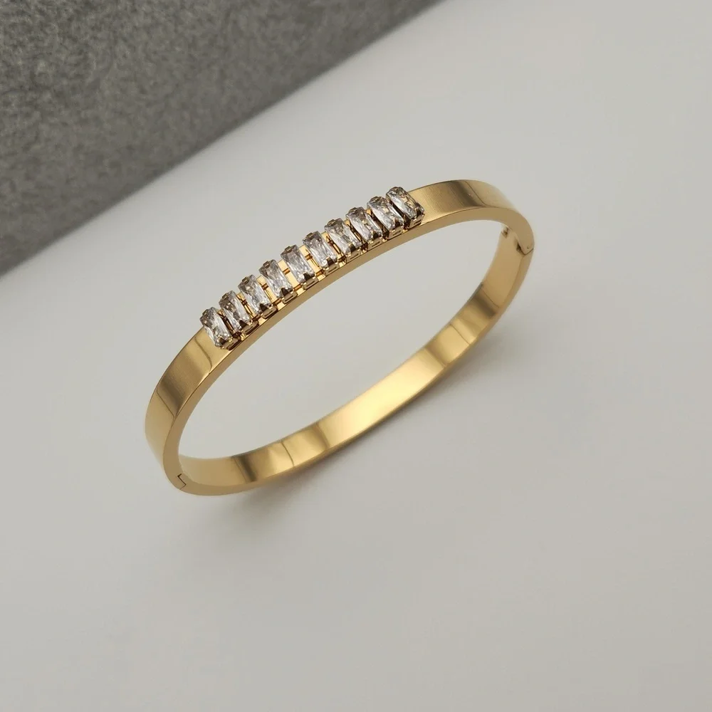 18K Gold Plated Geometric Rectangle Zircon Stone Bangle Bracelet